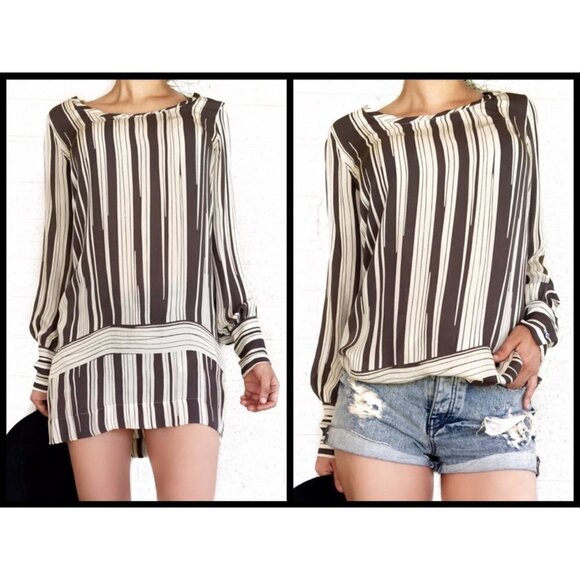 💕NILI LOTAN💕 100% Silk Striped Tunic Dress ~ Neutral Grey & Off-White Large - Picture 1 of 10